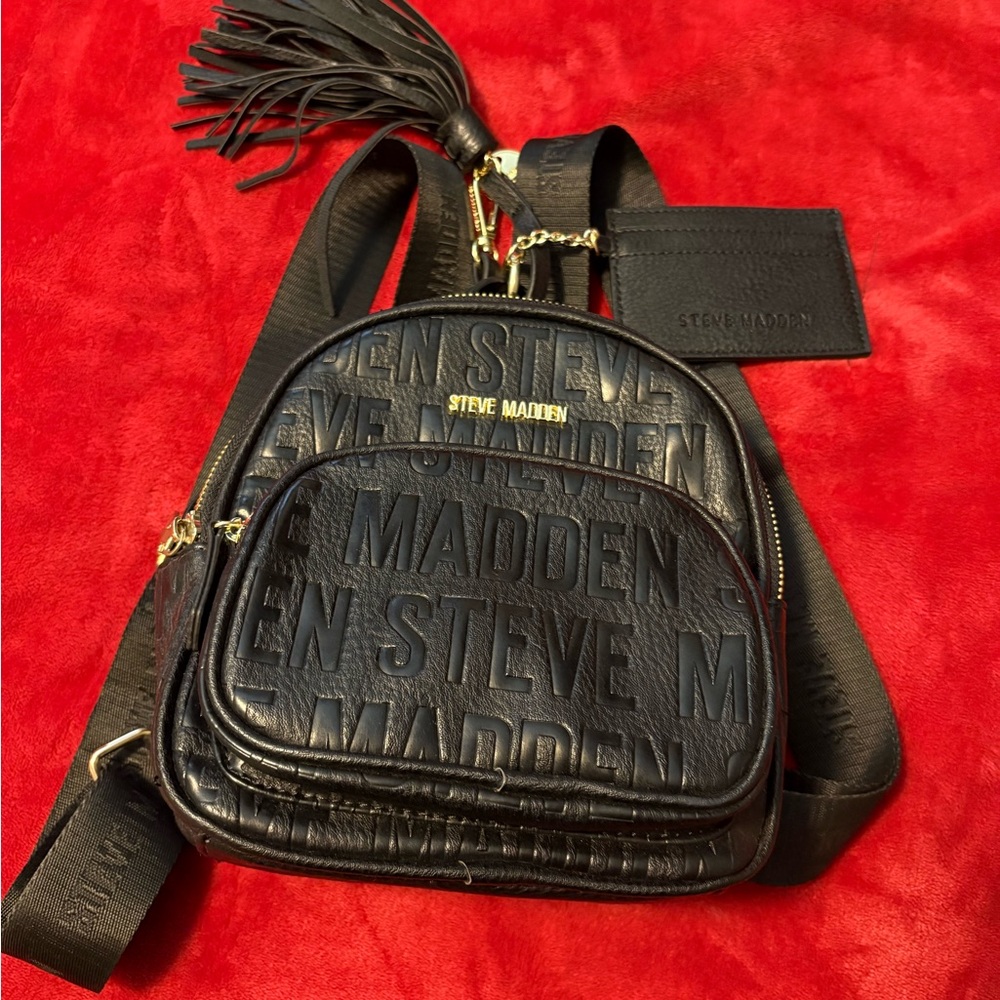 Steve Madden Black Embossed Mini Backpack